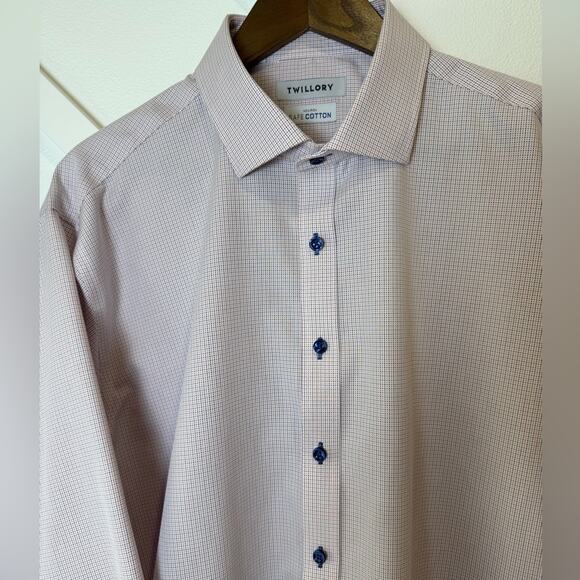 Twillory Non-Iron Safe Cotton Orange Blue Pin Dot Button Up Shirt Sz 17.5 34/35 - Picture 2 of 10